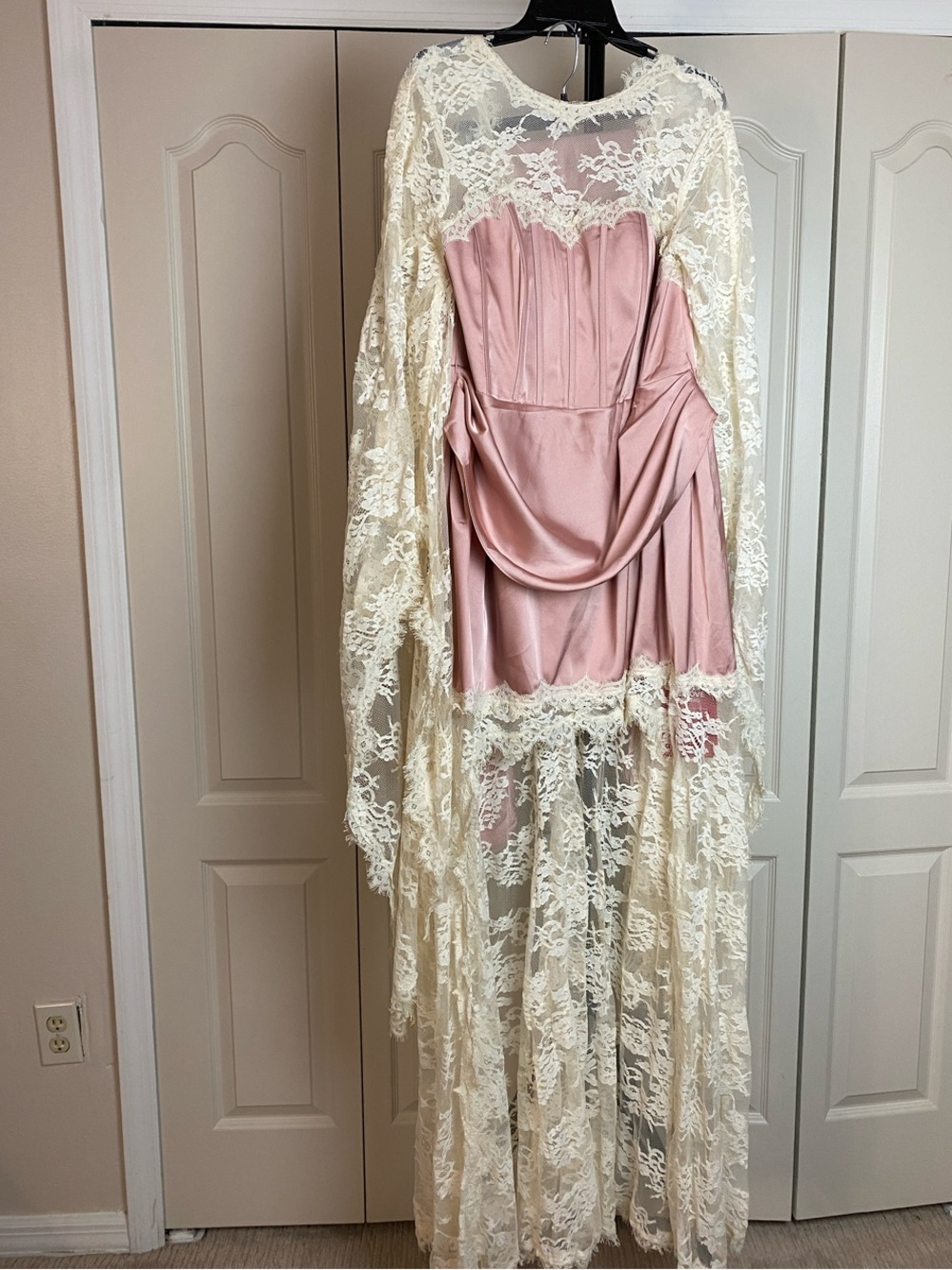 Fashion Nova Pink Satin & Cream Lace High-Low Dress